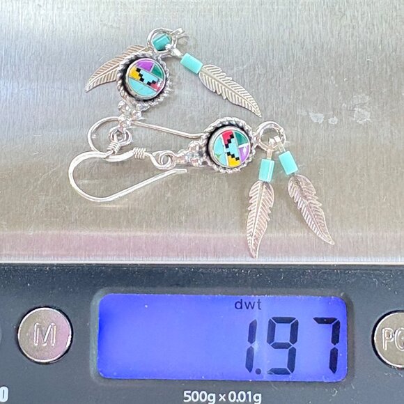Sterling Silver 925 Zuni Turquoise Coral Inlay Feather Dangle Earrings 2" Length - Picture 8 of 8